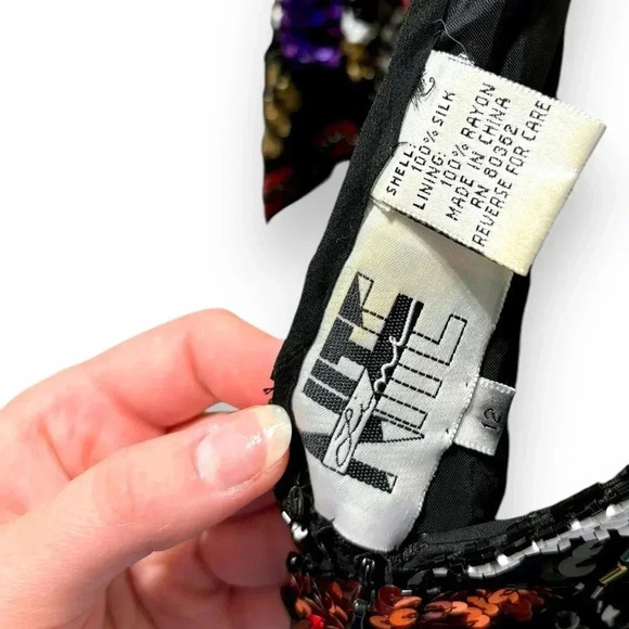 Vintage Retro 80's Silk Hand Beaded Sequin Black Niteline Evening Midi Dress 12 - Picture 13 of 13